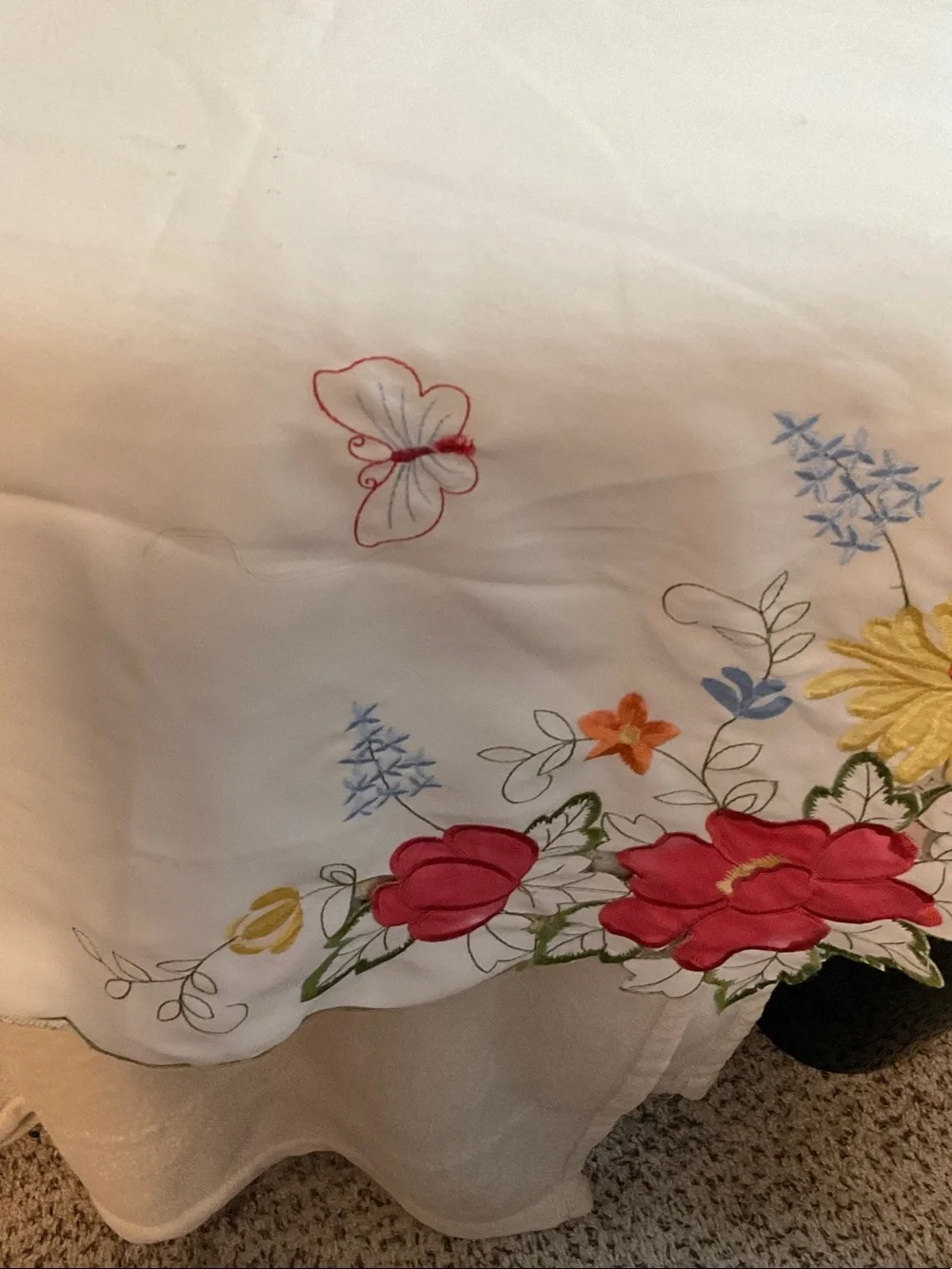 White Embroidered Floral Tablecloth with Red, Yellow & Pink Accents